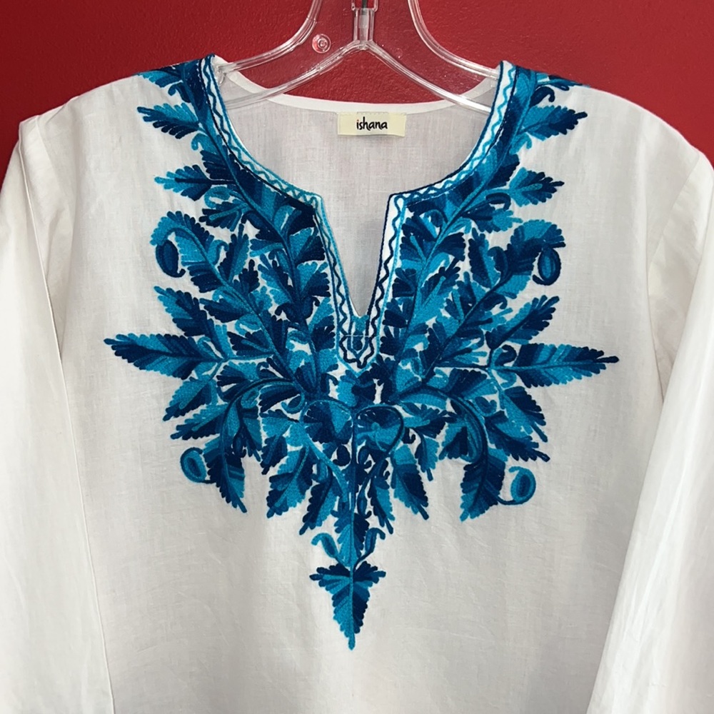 Embroidered Tunic- White Cotton w/Turquoise
